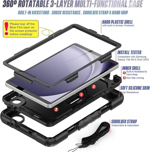 Herize Case Compatible with Galaxy Tab A9 8.7 Inch | SM-X110/X115/X117 Cover with Screen Protector Pencil Holder | Heavy Duty Rugged Rubber Protective Case W/Stand Shoulder Strap for Samsung Tab A9 in Kuwait