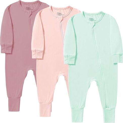 Baby Boys Girls Footless Pajamas with Mitten Cuffs - 3Pcs Rayon of Bamboo Long Sleeve 2 Way Zipper Sleepers in Saudi Arabia