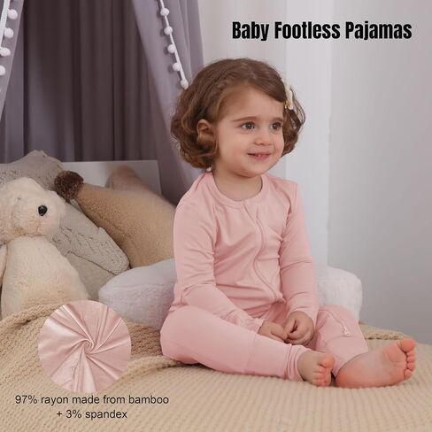 Baby Boys Girls Footless Pajamas with Mitten Cuffs - 3Pcs Rayon of Bamboo Long Sleeve 2 Way Zipper Sleepers in Saudi Arabia