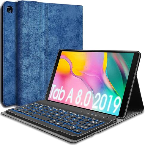 حافظة لوحة مفاتيح Galaxy Tab A 8.0 2019 [خلفية، SM-T290، SM-T295]، لوحة مفاتيح لاسلكية قابلة للفصل بـ 7 ألوان مع غطاء حامل من البولي يوريثان لجهاز Samsung Tab A 8.0 بوصة 2019 SM-T290/T295، أزرق in Kuwait