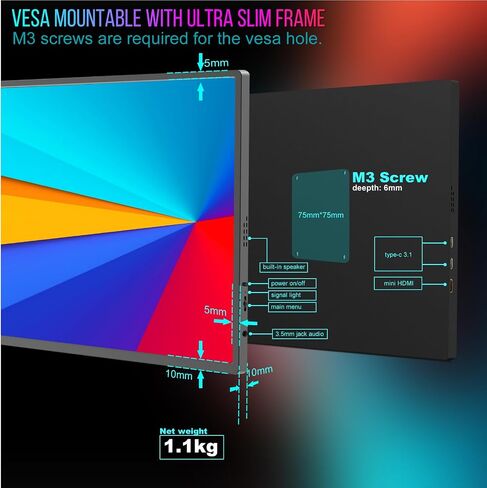 Bimawen 18.5 inch Portable Monitor Ultra Slim - 100% sRGB 1080p CNC Frame, Compatible with USB 3.0/3.1/3.2 Phone Computers laptop Gaming Devices and Mac series in Saudi Arabia