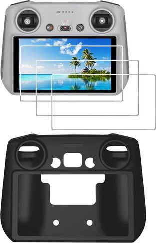 غطاء حماية من السيليكون لجهاز التحكم عن بعد DJI mini 3 PRO RC/DJI RC، حقيبة ناعمة + طبقة زجاجية صلبة مقاومة للخدش [9H] [خالية من الفقاعات] in Kuwait
