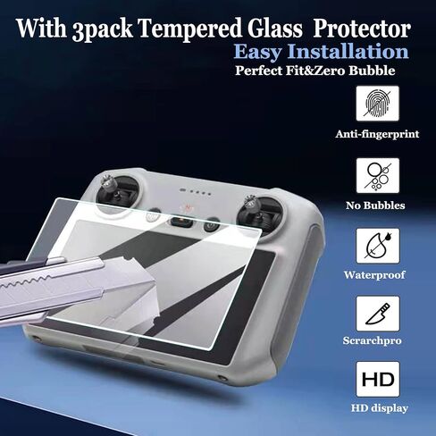 غطاء حماية من السيليكون لجهاز التحكم عن بعد DJI mini 3 PRO RC/DJI RC، حقيبة ناعمة + طبقة زجاجية صلبة مقاومة للخدش [9H] [خالية من الفقاعات] in Kuwait