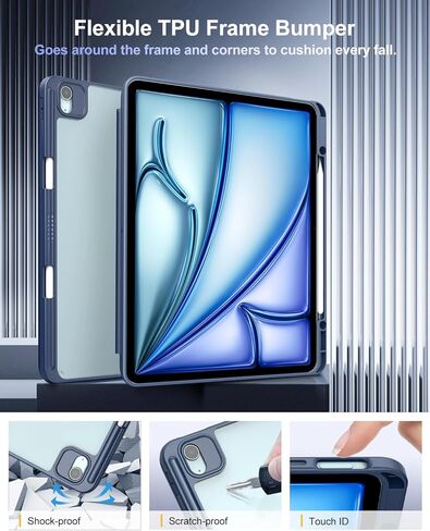 حافظة TiMOVO لجهاز iPad Air 13 بوصة (M2) 2024 مع حامل قلم رصاص، غطاء واقٍ نحيف مع غطاء خلفي شفاف لجهاز iPad Air 13 بوصة، تنبيه/غفو تلقائي - أزرق داكن in Kuwait