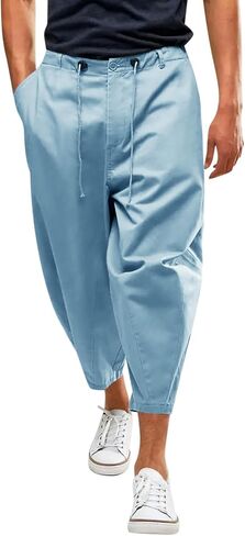 Runcati Mens Cotton Capri Pants Casual Loose Fit 3/4 Shorts Drawstring Summer Beach Chino Cropped Pants in Saudi Arabia