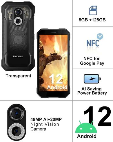 DOOGEE S61 PRO Rugged Smartphone (2022) - 20MP Night Vision Unlocked Android Phones - 8GB+128GB - Android 12 - IP68 Waterproof Rugged Phone Outdoor- 5180mAh Battery - 6.0" IPS HD- Dual SIM 4G - NFC in Saudi Arabia