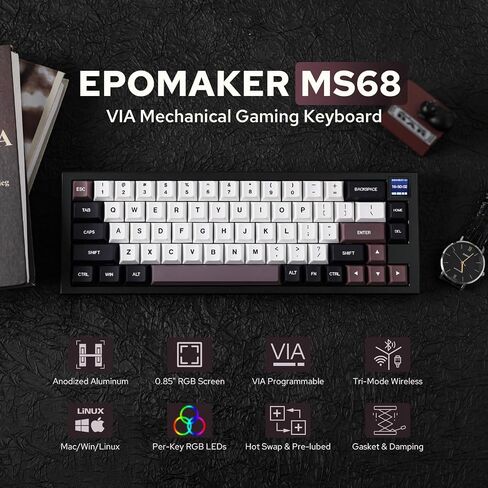 EPOMAKER MS68 Wireless Gaming Keyboard with 0.85" Screen, CNC Aluminum Alloy Mechanical Keyboard, Bluetooth 5.0/2.4ghz/Wired Hot Swappable Custom Keyboard (Black, Wisteria Linear Switch) in Saudi Arabia