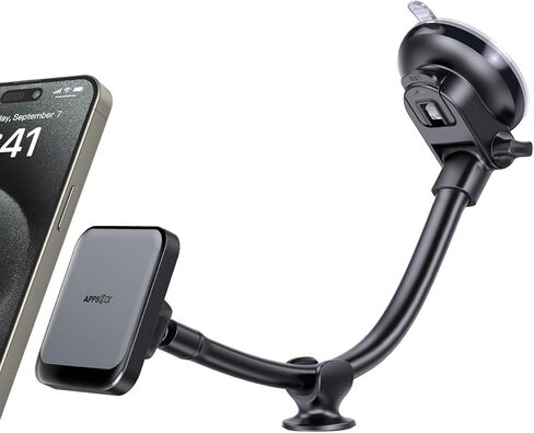 حامل لوحة القيادة APPS2Car لمغناطيس MagSafe 17 N54، كوب شفط قوي، مثبت مضاد للاهتزاز، حامل مغناطيسي طويل الذراع للزجاج الأمامي لهاتف iPhone 15/14/13/12 in Kuwait
