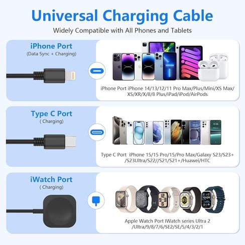 كابل شحن متعدد 3 في 1 قابل للسحب USB إلى شاحن iWatch اللاسلكي المغناطيسي / Lightning / USB C سلك شاحن متوافق مع Apple Watch SeriesSE/9/8/7/6/5/4/3/2/1/iPhone 15/14/ 13/12/آيباد/-4FT in Kuwait