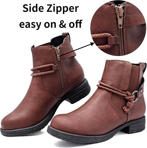 حذاء طويل للكاحل للسيدات من Ataiwee، حذاء كلاسيكي قصير مريح بكعب منخفض مع سحاب جانبي. (2105013، RB/PU، 8.5) in Kuwait