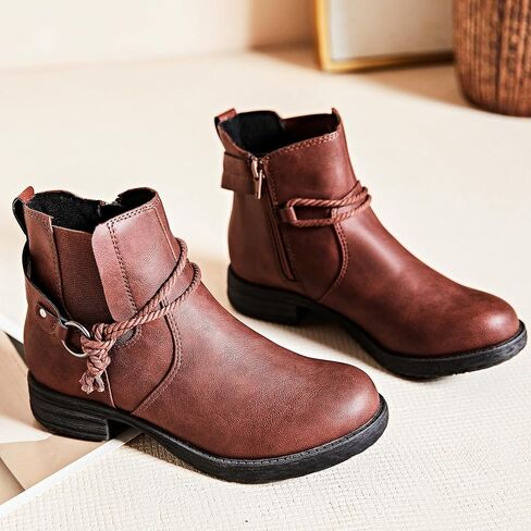 حذاء طويل للكاحل للسيدات من Ataiwee، حذاء كلاسيكي قصير مريح بكعب منخفض مع سحاب جانبي. (2105013، RB/PU، 8.5) in Kuwait