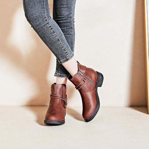 حذاء طويل للكاحل للسيدات من Ataiwee، حذاء كلاسيكي قصير مريح بكعب منخفض مع سحاب جانبي. (2105013، RB/PU، 8.5) in Kuwait