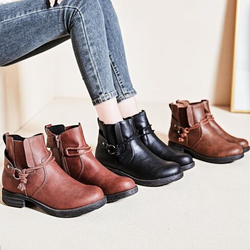 حذاء طويل للكاحل للسيدات من Ataiwee، حذاء كلاسيكي قصير مريح بكعب منخفض مع سحاب جانبي. (2105013، RB/PU، 8.5) in Kuwait