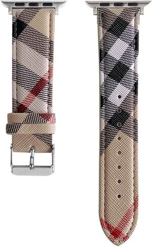 Designer Luxury Band Compatible with Apple Watch 38mm 40mm 41mm 42mm 44mm 45mm 49mm Men Women, Luxury Beige Plaid Leather Replacement Wristbands Adjustable Strap for iWatch SE Ultra 9 8 7 6 5 4 3 2 1 in Saudi Arabia