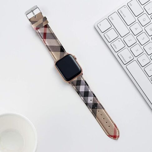 Designer Luxury Band Compatible with Apple Watch 38mm 40mm 41mm 42mm 44mm 45mm 49mm Men Women, Luxury Beige Plaid Leather Replacement Wristbands Adjustable Strap for iWatch SE Ultra 9 8 7 6 5 4 3 2 1 in Saudi Arabia