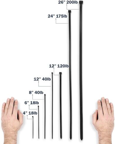 قطارة بولت 12 بوصة 120 رطل، 18 بوصة 180 رطل، 26 بوصة 200 رطل، مجموعة سوداء شديدة التحمل (150 عبوة، 50 لكل حجم) أربطة بسحاب، سلك كابل نايلون ممتاز ذاتي القفل للاستخدام الداخلي والخارجي in Kuwait