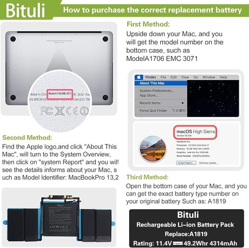 بطارية كمبيوتر محمول بديلة A1706 A1819 متوافقة مع Mac Book Pro 13 بوصة [أواخر عام 2016، منتصف عام 2017]، EMC 3071 3163 [11.41 فولت/4320 مللي أمبير] in Kuwait