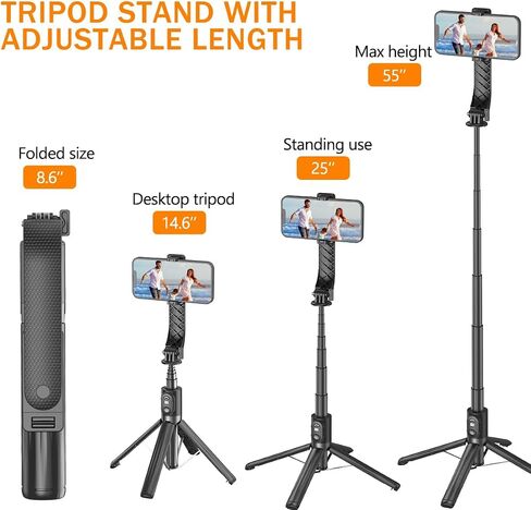 Selfie Stick Tripod, 55" Phone Tripod with Remote, Extendable Aluminum Alloy Bluetooth Selfie Stick and Phone Holder for iPhone Android Phone, GoPro Camera Black in Saudi Arabia