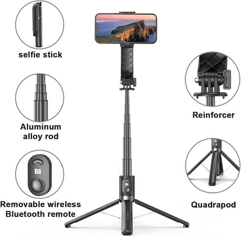 Selfie Stick Tripod, 55" Phone Tripod with Remote, Extendable Aluminum Alloy Bluetooth Selfie Stick and Phone Holder for iPhone Android Phone, GoPro Camera Black in Saudi Arabia