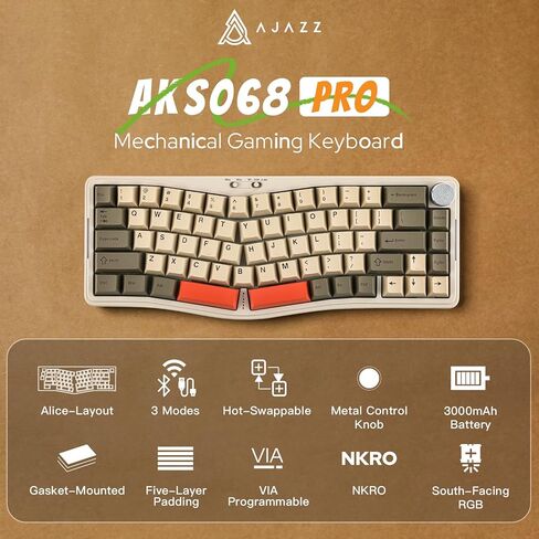 Ajazz AKS068 Pro 68 مفتاحًا Alice-Layout VIA لوحة مفاتيح ميكانيكية قابلة للبرمجة، BT5.1/2.4 جيجا هرتز/Type-C وضع ثلاثي، مع مقبض معدني، بطارية 3000 مللي أمبير في الساعة، مصابيح خلفية RGB لجهاز Mac/Win (أخضر) in Kuwait