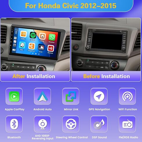 Fuluku[لهوندا سيفيك 2012-2015] ستيريو سيارة مع Carplay لاسلكي Android Auto، شاشة لمس 9 بوصات راديو داش كيت GPS للملاحة واي فاي بلوتوث SWC مرآة رابط، كاميرا احتياطية للميكروفون in Saudi Arabia