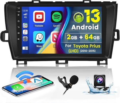 ستيريو سيارة Roinvou Android لسيارة Toyota Prius (LHD) 2010-2015، راديو سيارة CarPlay لاسلكي مدمج مع Android Auto، شاشة لمس 9 بوصات في لوحة القيادة GPS ودعم مرآة Link BT FM WiFi AHD رؤية خلفية in Kuwait