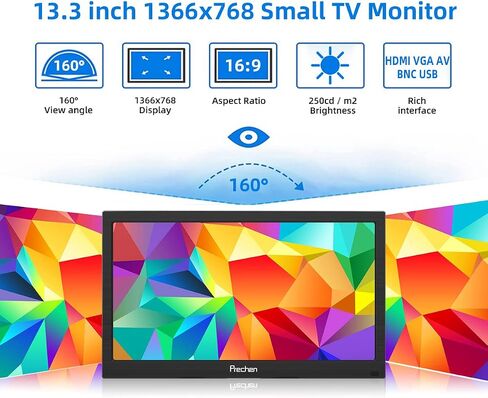 شاشة صغيرة محمولة 13.3 بوصة 1366 × 768 شاشة كمبيوتر صغيرة مع مدخل HDMI VGA AV BNC USB للكمبيوتر المحمول PS4 Xbox Ras Pi LED شاشة كمبيوتر، مكبر صوت مدمج، شاشة مطبخ، قابلة للتركيب in Kuwait