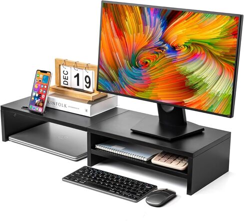 Monitor Stand Riser,2 Tiers Wood Laptop Computer Monitor Riser Stand with Storage Organizer.Desktop Screen Monitor Stand Riser with Storage Organizer for Home Office,31.5 Inch (Black) in Saudi Arabia