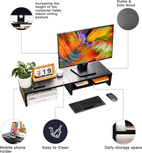 Monitor Stand Riser,2 Tiers Wood Laptop Computer Monitor Riser Stand with Storage Organizer.Desktop Screen Monitor Stand Riser with Storage Organizer for Home Office,31.5 Inch (Black) in Saudi Arabia