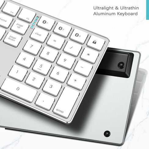 لوحة مفاتيح QWERTY لاسلكية متعددة الأجهزة من JOYACCESS بلوتوث نحيفة وهادئة مع لوحة مفاتيح رقمية، لوحة مفاتيح من الألومنيوم للكمبيوتر المحمول والكمبيوتر والكمبيوتر الشخصي والنوافذ (أزرق وأبيض) in Saudi Arabia