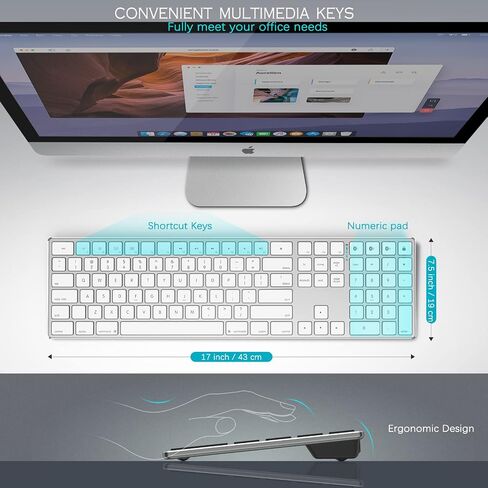 لوحة مفاتيح QWERTY لاسلكية متعددة الأجهزة من JOYACCESS بلوتوث نحيفة وهادئة مع لوحة مفاتيح رقمية، لوحة مفاتيح من الألومنيوم للكمبيوتر المحمول والكمبيوتر والكمبيوتر الشخصي والنوافذ (أزرق وأبيض) in Saudi Arabia