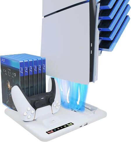 PS5 / PS5 Slim Cooling Stand with Dual Controller Charger, LED Indicators - Vertical Stand for PlayStation 5 Slim and PS5 Console - Keep Your Gaming Smooth and Cool Maximized Performance in Saudi Arabia