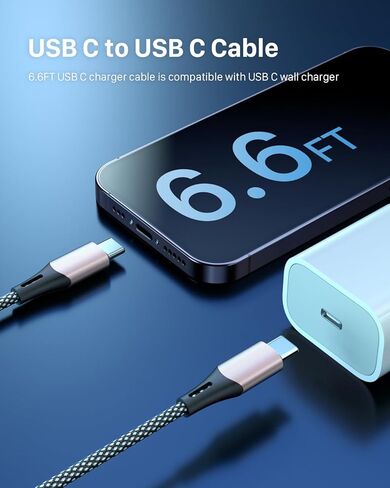 USB C to USB C Cable 6.6ft 3 Pcs, 60W/3A USB C to USB C Fast Charger Cable, Nylon Braided USB C Charger Cable, Type C Charging Cable Compatible with iPhone 15/15 Pro/15 Pro Max, Galaxy S23/S23 Ultra in Kuwait