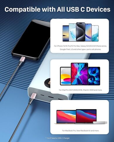 USB C to USB C Cable 6.6ft 3 Pcs, 60W/3A USB C to USB C Fast Charger Cable, Nylon Braided USB C Charger Cable, Type C Charging Cable Compatible with iPhone 15/15 Pro/15 Pro Max, Galaxy S23/S23 Ultra in Kuwait