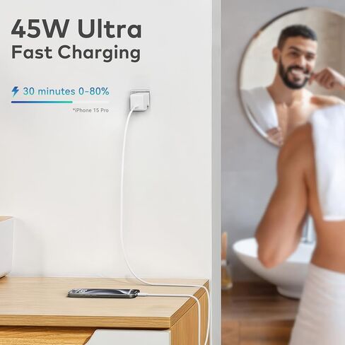 شاحن USB C مدمج بقدرة 45 وات، شاحن حائط بمنفذين مع محول طاقة PD 3.0 GaN III، شاحن سفر مع قابس قابل للطي لهاتف iPhone 15 Pro/14 Pro Max/13 وiPad Pro وGalaxy S23 Ultra/S22 والمزيد in Saudi Arabia