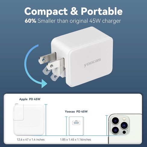 شاحن USB C مدمج بقدرة 45 وات، شاحن حائط بمنفذين مع محول طاقة PD 3.0 GaN III، شاحن سفر مع قابس قابل للطي لهاتف iPhone 15 Pro/14 Pro Max/13 وiPad Pro وGalaxy S23 Ultra/S22 والمزيد in Saudi Arabia
