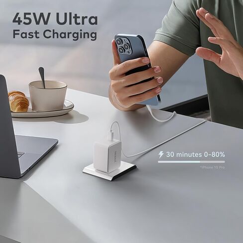 شاحن USB C مدمج بقدرة 45 وات، شاحن حائط بمنفذين مع محول طاقة PD 3.0 GaN III، شاحن سفر مع قابس قابل للطي لهاتف iPhone 15 Pro/14 Pro Max/13 وiPad Pro وGalaxy S23 Ultra/S22 والمزيد in Saudi Arabia