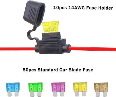 5 قطعة 14AWG فيوز حامل مضمنة ATC/ATO 32 فولت السيارات، مع 50 قطعة منصهر شفرة السيارة القياسي (1A 2A 3A 4A 5A 7.5A 10A 15A 20A 30A) in Kuwait