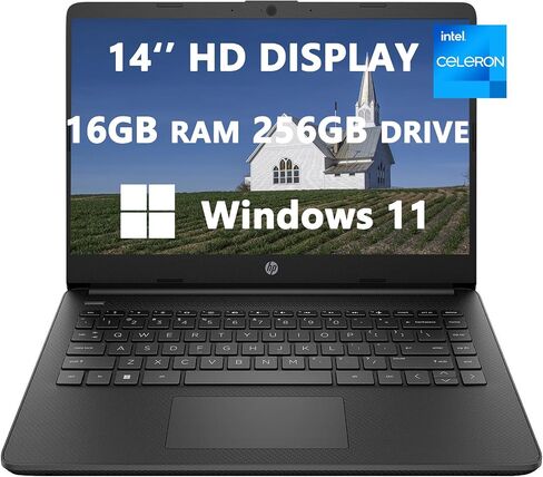 HP 2024 14 HD LED Display Laptop, Intel Celeron N4120(4-core), 16GB RAM, 256GB(128GB SSD+128GB Card), SD Card Slot, USB-C, Black, Light-Weight, Windows 11, School and Business Ready, RK Date Cable in Saudi Arabia