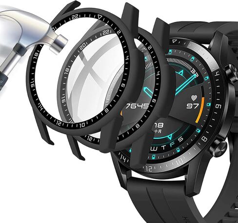 [2-Pack] Case with Tempered Glass Screen Protector Compatible for Huawei Watch GT2 46mm, 9H Hardness 360° All-Round Protective Ultra Thin Protective PC Case Cover for - Black Black in Saudi Arabia