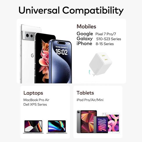 65W USB C Wall Charger, Fast Travel Charger, PD3.0 GaN III Charger with Foldable Plug, Compatible with iPhone 15 Pro/14 Pro Max/13/12, iPad Pro, MacBook Pro, Galaxy S23 Ultra/S22 and More in Kuwait