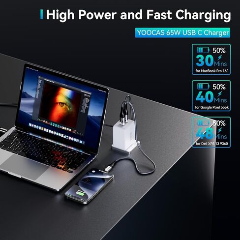 65W USB C Wall Charger, Fast Travel Charger, PD3.0 GaN III Charger with Foldable Plug, Compatible with iPhone 15 Pro/14 Pro Max/13/12, iPad Pro, MacBook Pro, Galaxy S23 Ultra/S22 and More in Kuwait