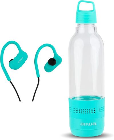 Aiwa Water Bottle with Speaker and Earphone Bundle - 400ml Water Bottle with 4 Hour Playtime and Wireless Sports Earphones with Integrated Mic, 10 Hours Playtime for Workout, Camping and Hiking in Saudi Arabia