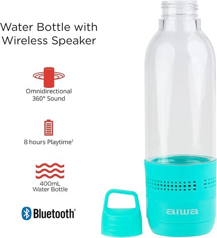 Aiwa Water Bottle with Speaker and Earphone Bundle - 400ml Water Bottle with 4 Hour Playtime and Wireless Sports Earphones with Integrated Mic, 10 Hours Playtime for Workout, Camping and Hiking in Saudi Arabia
