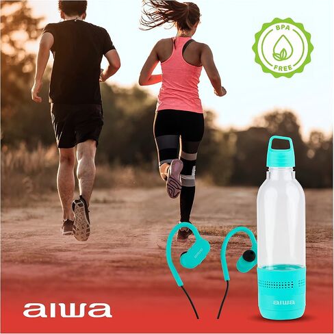 Aiwa Water Bottle with Speaker and Earphone Bundle - 400ml Water Bottle with 4 Hour Playtime and Wireless Sports Earphones with Integrated Mic, 10 Hours Playtime for Workout, Camping and Hiking in Saudi Arabia