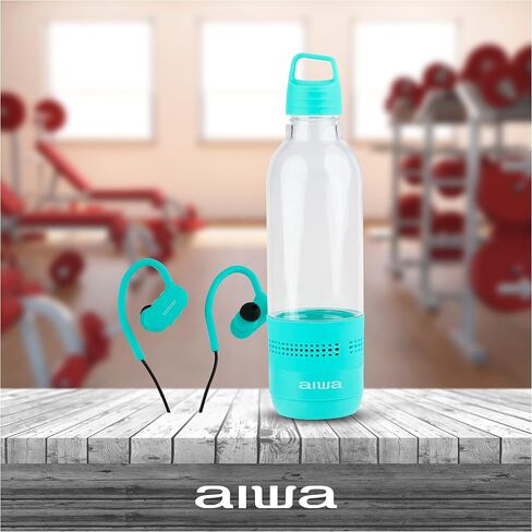 Aiwa Water Bottle with Speaker and Earphone Bundle - 400ml Water Bottle with 4 Hour Playtime and Wireless Sports Earphones with Integrated Mic, 10 Hours Playtime for Workout, Camping and Hiking in Saudi Arabia