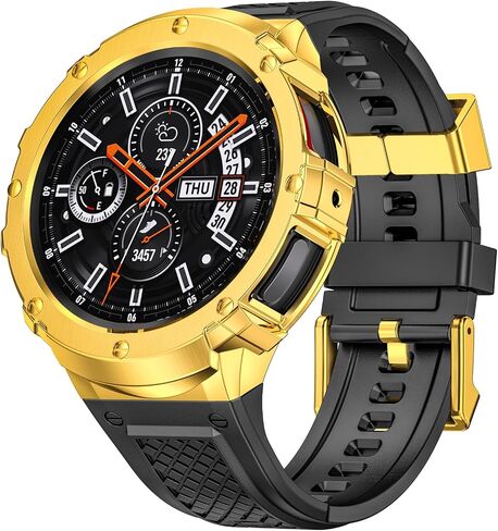 Silicone Band with Stainless Steel Case Cover Compatible with Samsung Galaxy Watch 4 5 6 44mm Bands Protective Case for Men (Black) in Saudi Arabia