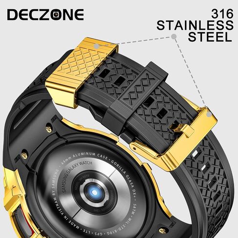 Silicone Band with Stainless Steel Case Cover Compatible with Samsung Galaxy Watch 4 5 6 44mm Bands Protective Case for Men (Black) in Saudi Arabia