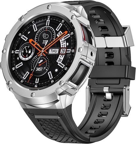 Silicone Band with Stainless Steel Case Cover Compatible with Samsung Galaxy Watch 4 5 6 44mm Bands Protective Case for Men (Black) in Saudi Arabia