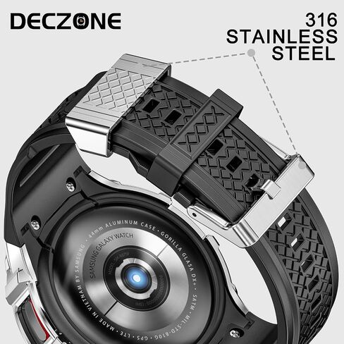 Silicone Band with Stainless Steel Case Cover Compatible with Samsung Galaxy Watch 4 5 6 44mm Bands Protective Case for Men (Black) in Saudi Arabia